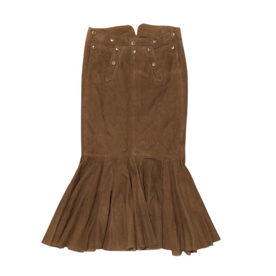 90 s RALPH LAUREN ラルフローレン レザー プリーツ スカート ロング ペプラム マーメイド 牛革 サイズ5 ブラウン シンチバック