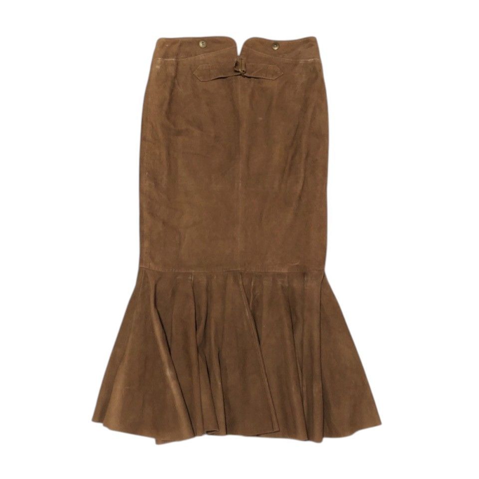 90 s RALPH LAUREN ラルフローレン レザー プリーツ スカート ロング ペプラム マーメイド 牛革 サイズ5 ブラウン シンチバック