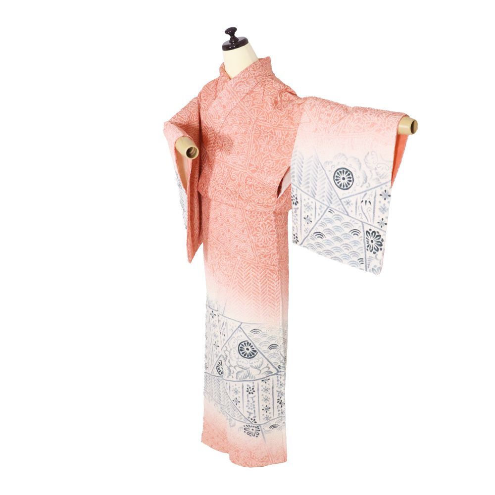 総絞り訪問着 袷 正絹 濃いピンク 薄ピンク 暈し 菊 波 青海波 裂取文 17号 Sサイズ ki 31517 レディース シルク フォーマル