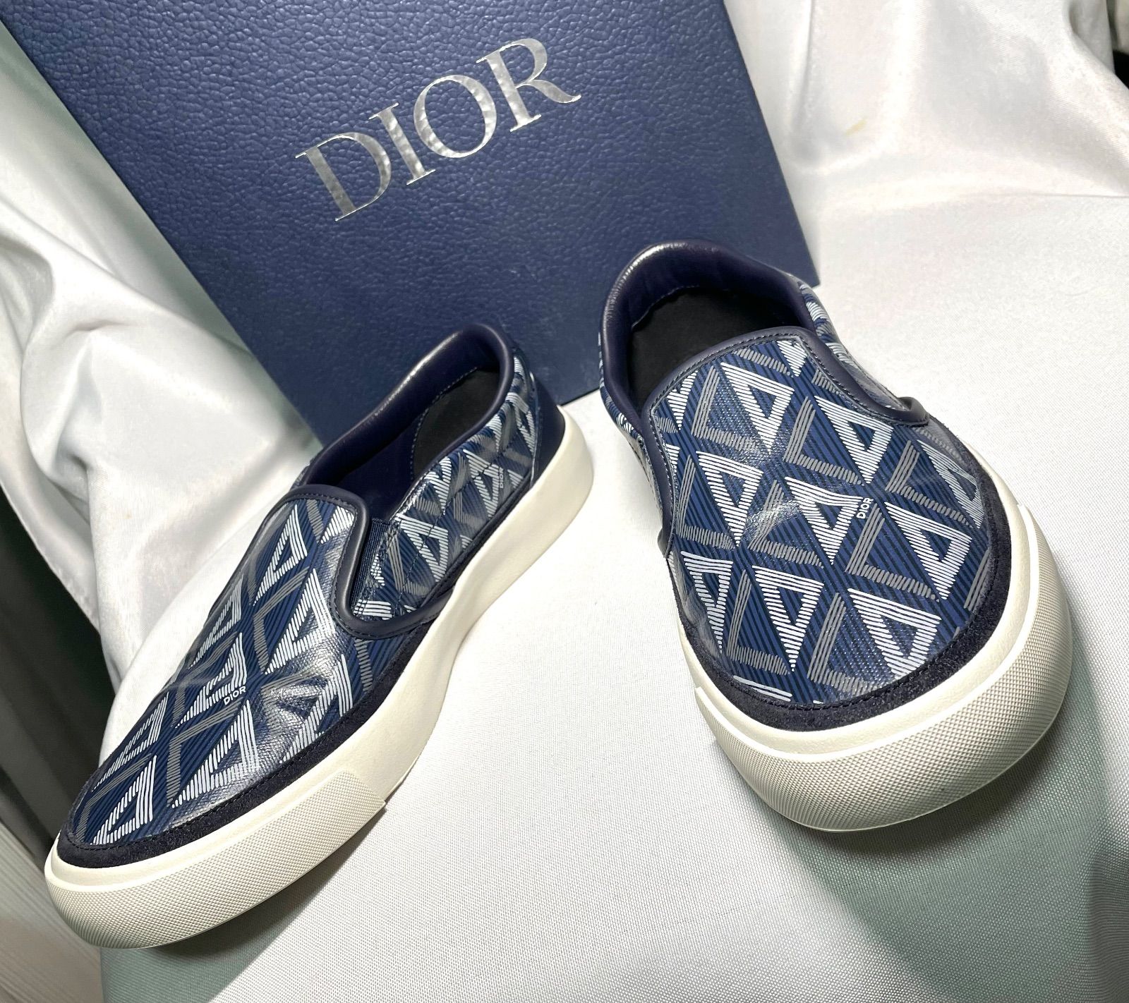 近年モデル DIOR ディオール B 101 CD ダイヤモンド ロゴ キャンバス スリッポン スニーカー 42 27 cm〜 マリンブルー ホワイト