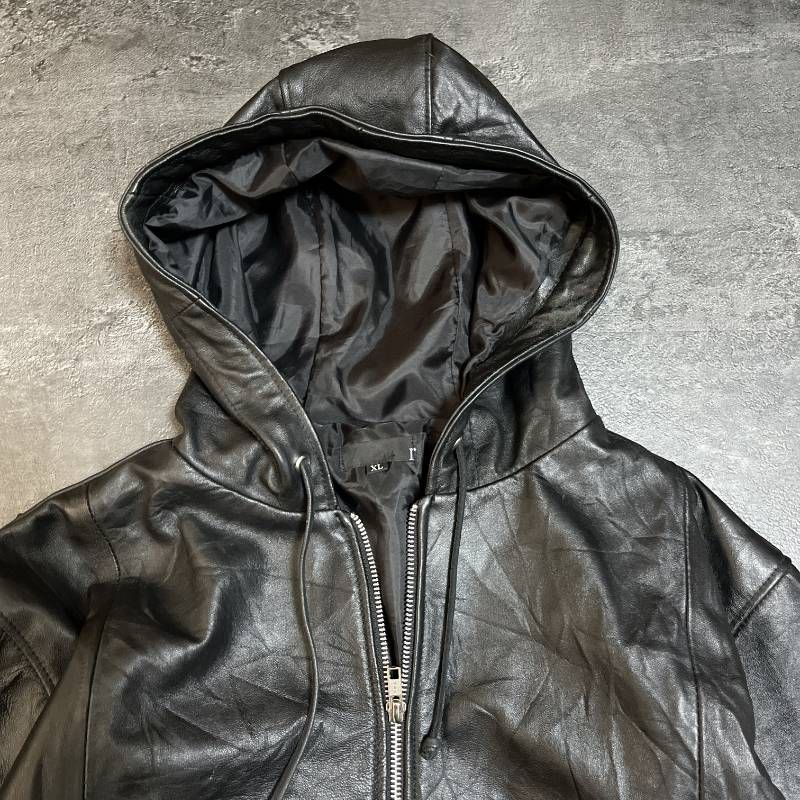 Real Leather Zip Hoodie Mens M Black Jacket Soft Texture y2k