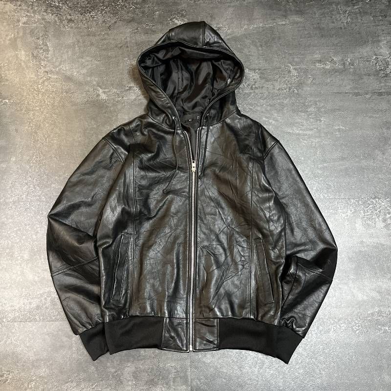 Real Leather Zip Hoodie Mens M Black Jacket Soft Texture y2k