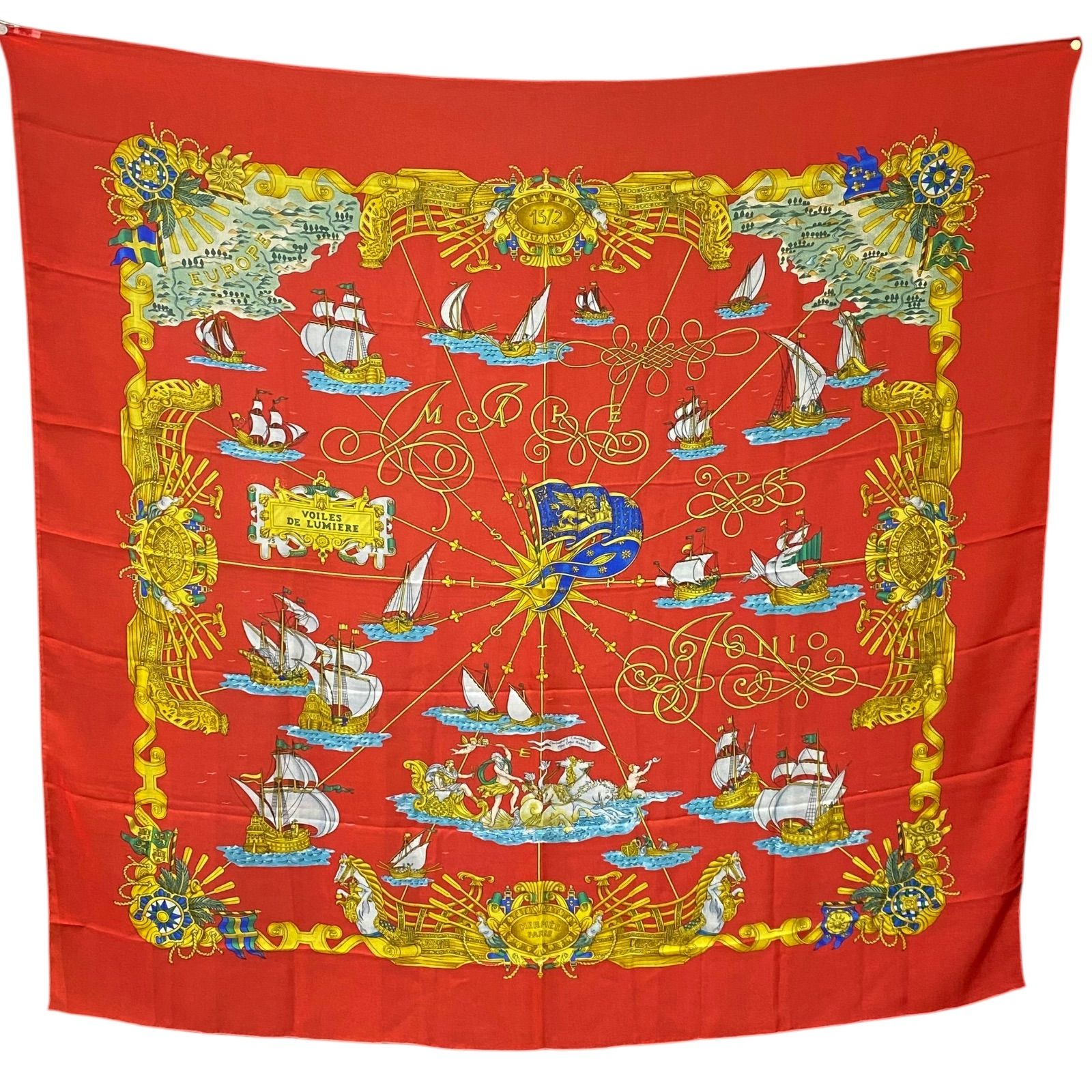 エルメス カレジェアン カレ140 VOILES DE LUMIERE 超大判シルクスカーフ 光の帆船 レッド HERMES AC0131