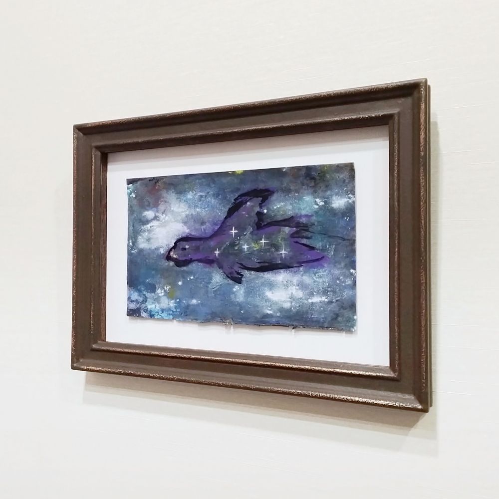 内野隆文 夜空の鳥 絵画 古い紙にアクリル絵具 抽象画 現代美術 アート