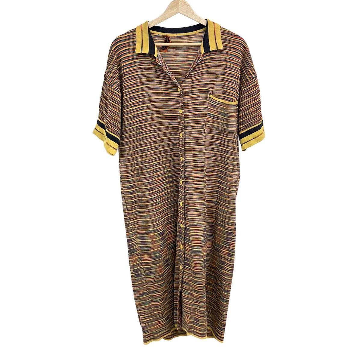MISSONI ミッソーニ ワンピース レディース - イエロー×ネイビー×マルチ 開襟 半袖 ひざ丈 ボーダー