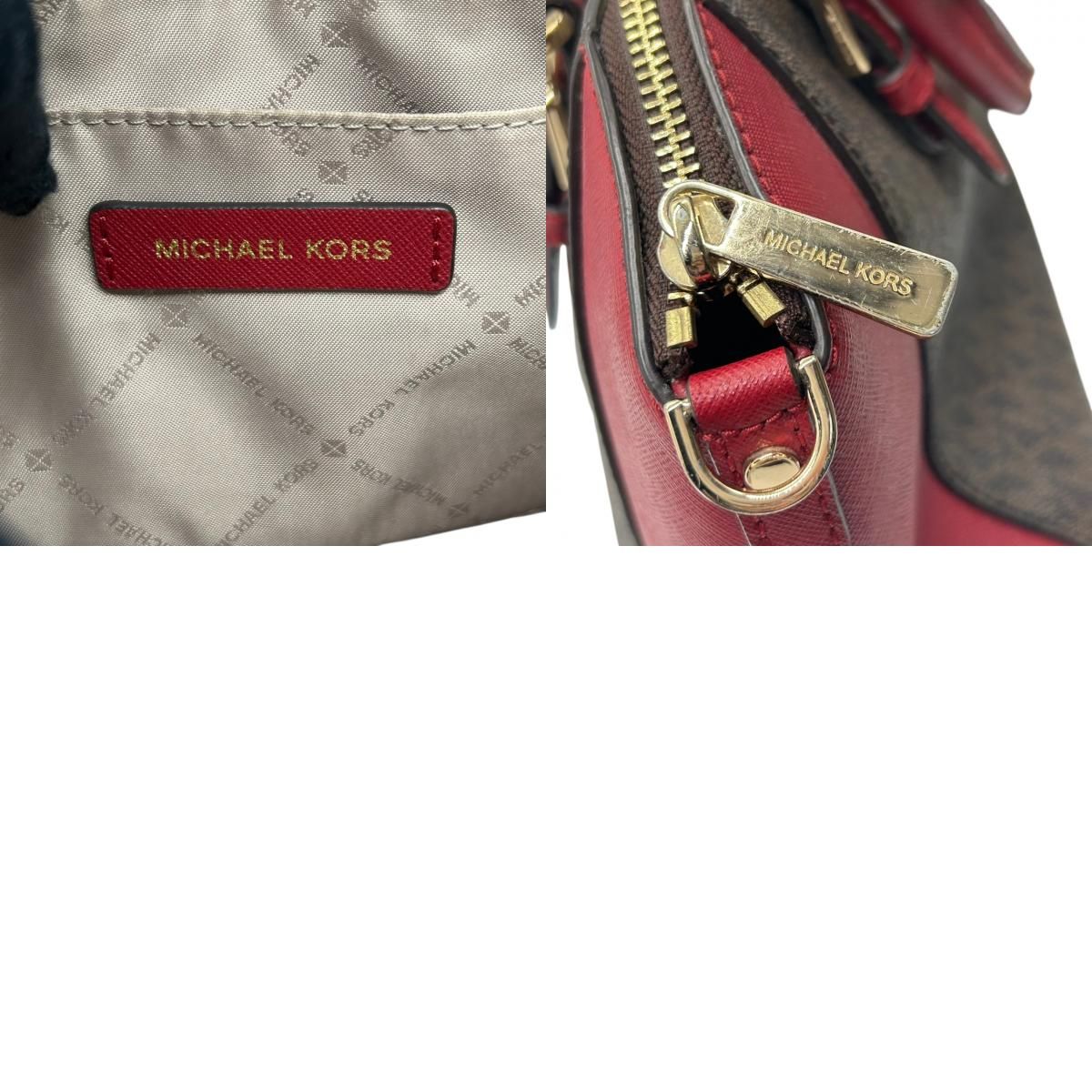  マイケルコース MICHAEL KORS ハンドバッグ ショルダーバッグ 2 way 斜め掛け可 シグネチャー MKロゴ バイ 赤 レッド 茶 ブラウン PVC レザー サッチェル ゴールド金具 チャーム 自立可 エレガント レディース s 87 ハンドバッグ バッグ