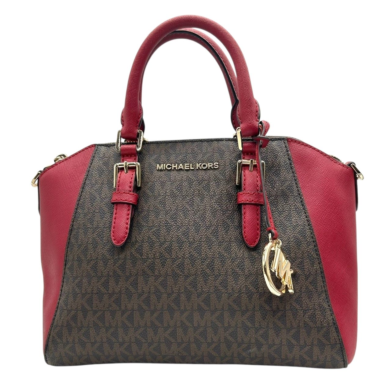 マイケルコース MICHAEL KORS ハンドバッグ ショルダーバッグ 2 way 斜め掛け可 シグネチャー MKロゴ バイ 赤 レッド 茶 ブラウン PVC レザー サッチェル ゴールド金具 チャーム 自立可 エレガント レディース s 87