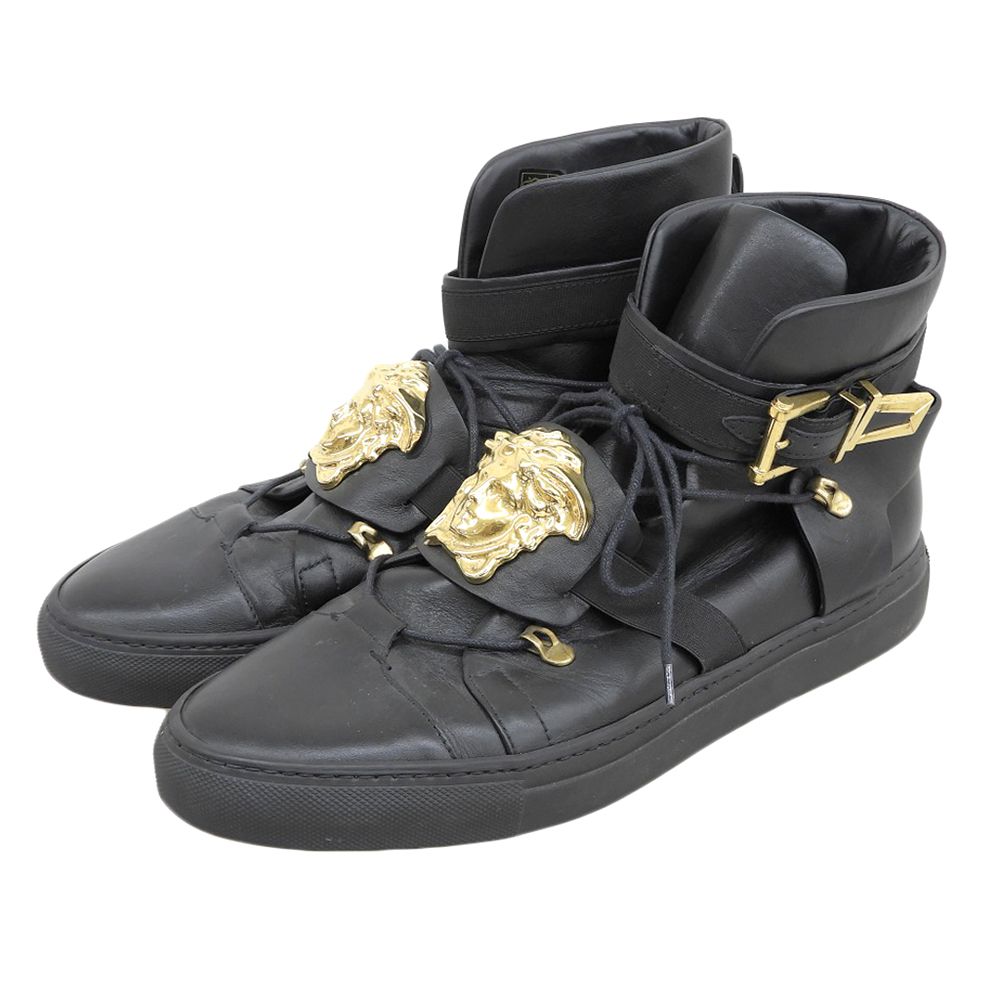 Versace ヴェルサーチ メデューサヘッド レザーベルト ハイカット スニーカー シューズ メンズ 黒 ブラック 43 DSU 5120