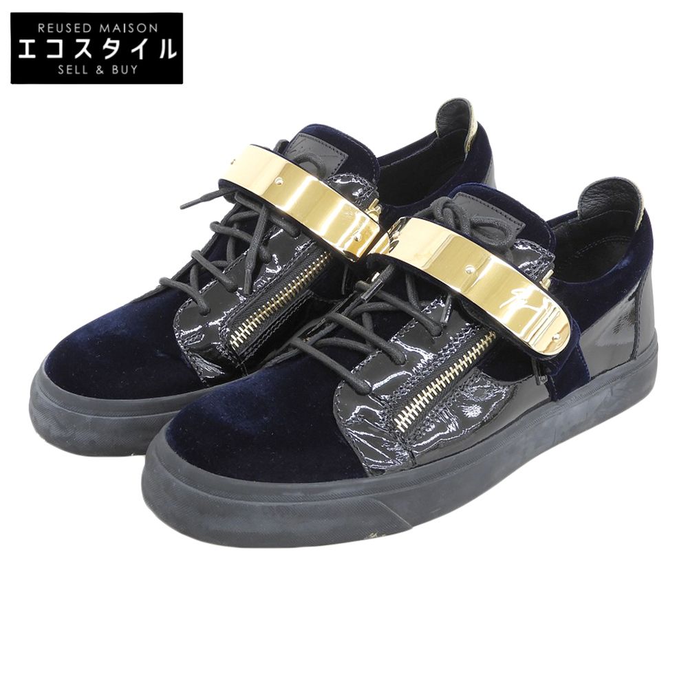 ZANOTTI ジュゼッペザノッティ スエード×レザー ゴールドプレート スニーカー シューズ メンズ ブラック×ネイビー 43