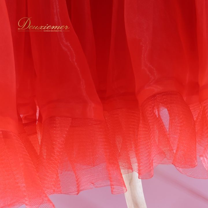 社交ダンス 衣装 ドレス ワンピース 赤 デモ 競技 ダンス パーティ 発表会 フリル フロート レース 花 ボリューム 感 レッド系 大きな花モチーフ パール スカート 重ね ステージ衣装 輝き おしゃれ