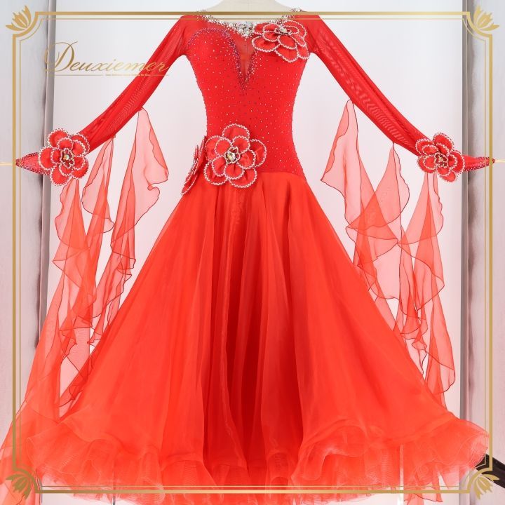 社交ダンス 衣装 ドレス ワンピース 赤 デモ 競技 ダンス パーティ 発表会 フリル フロート レース 花 ボリューム 感 レッド系 大きな花モチーフ パール スカート 重ね ステージ衣装 輝き おしゃれ