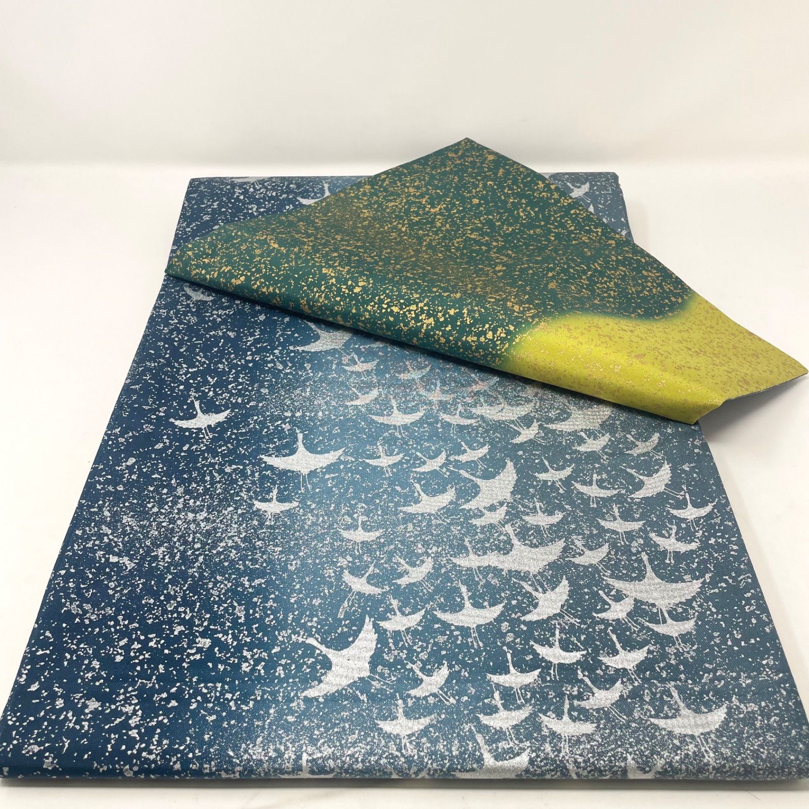袋帯 正絹 ブルー 青 水色 緑 黄色 群鶴 鶴 ぼかし 訪問着 踊り 舞踊 KEI-009