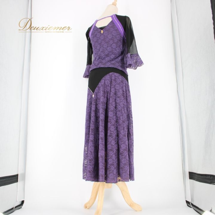 【社交ダンス衣装】パープル ワンピース ドレス フロート レース ラインストーン 社交ダンス 衣装 スタンダード 上下セット ツーピース レッスンウェア