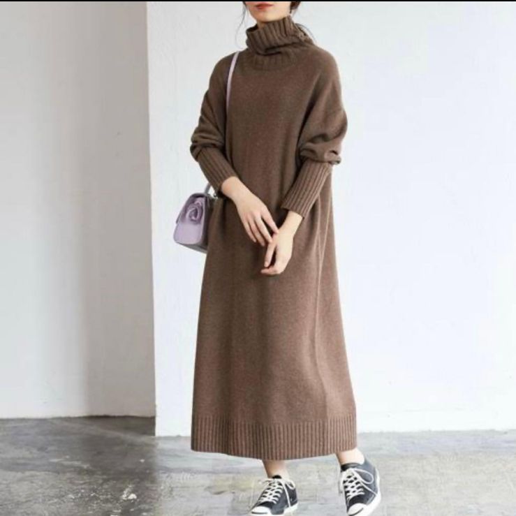 ADAM ET ROPE ウールビックタートルニットワンピース ブラウン