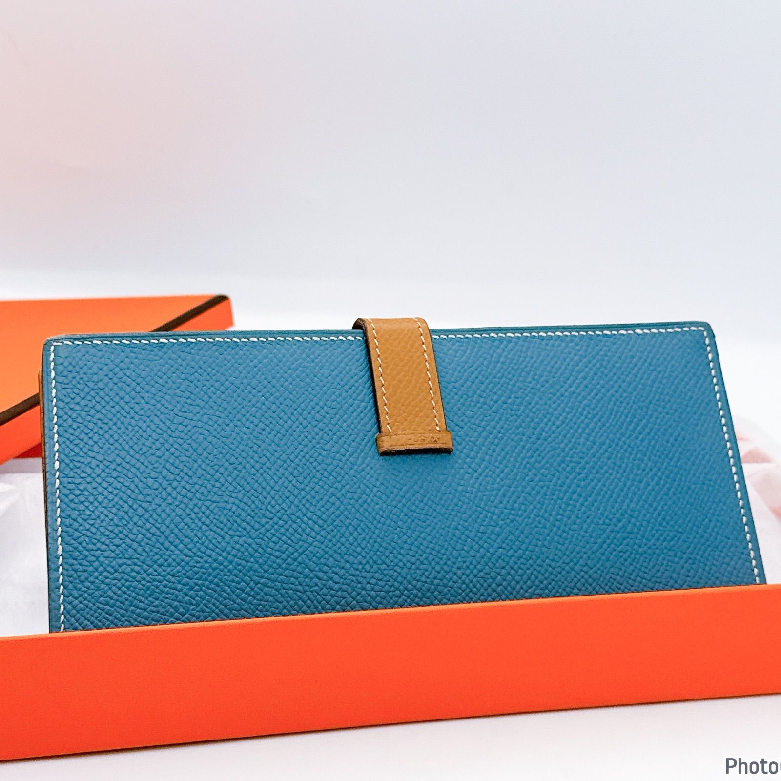 エルメス✨ベアン✨スフレ✨ブルージーン ゴールド✨二つ折り長財布203