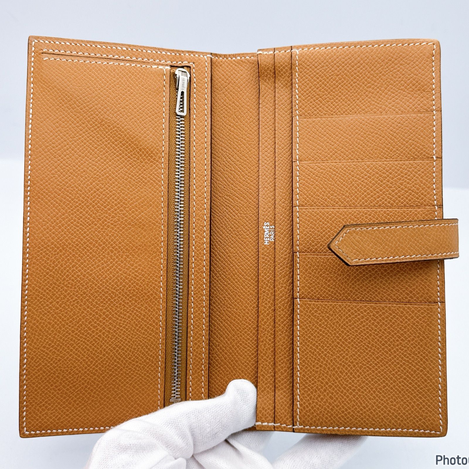 エルメス✨ベアン✨スフレ✨ブルージーン ゴールド✨二つ折り長財布203