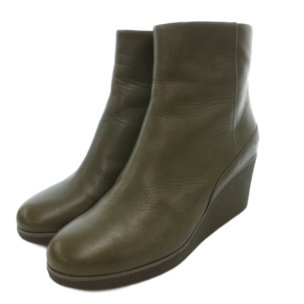 ジルサンダー JIL SANDER NAVY ショートブーツ 37.5 シューズ サイドジップ ウェッジソール レザー カーキ AE