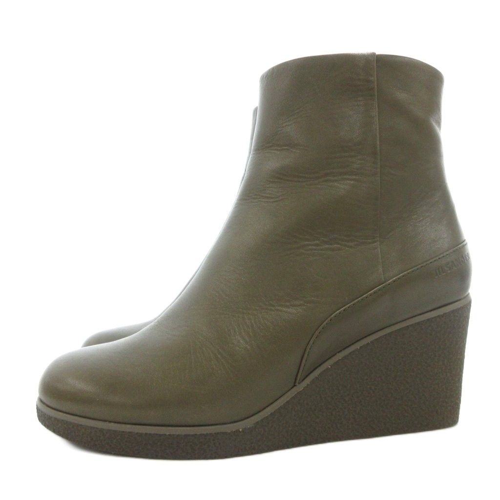 ジルサンダー JIL SANDER NAVY ショートブーツ 37.5 シューズ サイドジップ ウェッジソール レザー カーキ AE