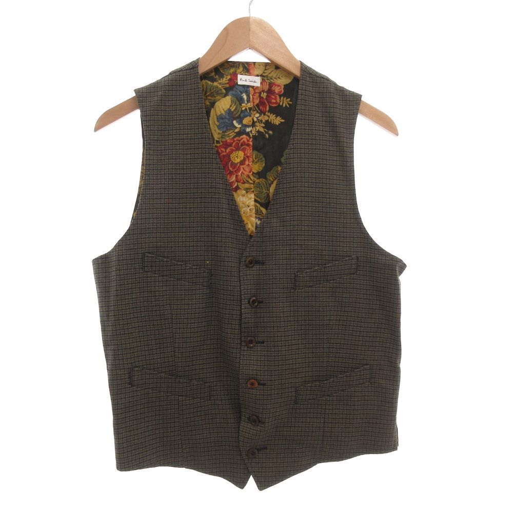 ポールスミス PAUL SMITH ベスト ジレ L チェック 総柄 裏地花柄 茶