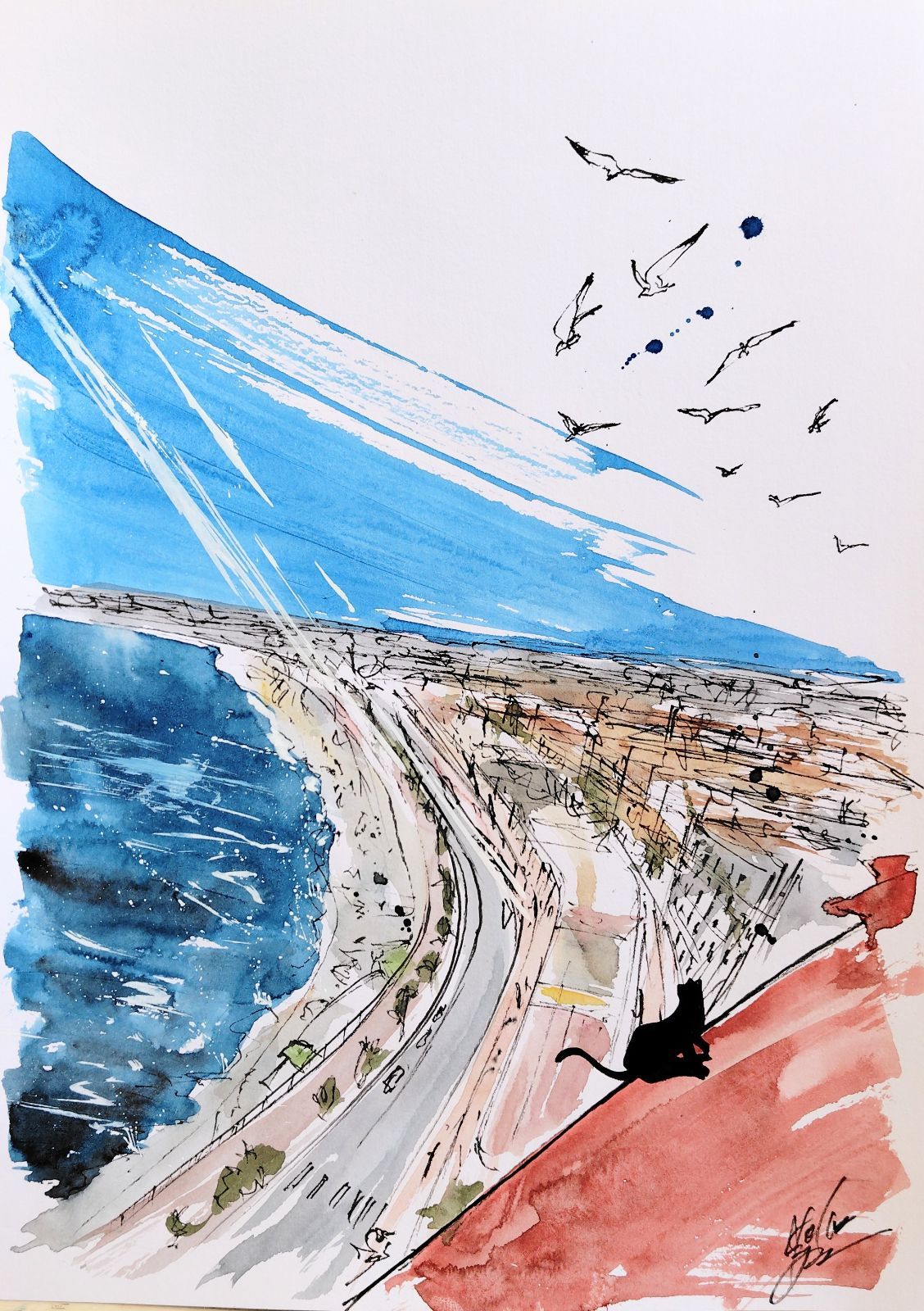 原画#80 黒猫 ニース 海 フランス 水彩画 ドローイング インテリア