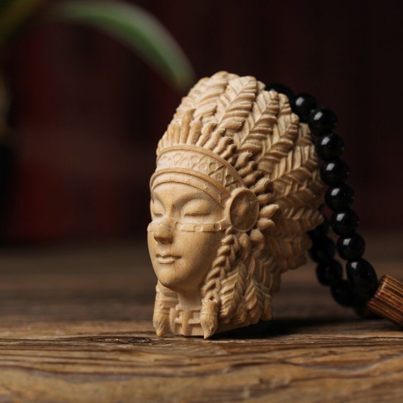 仏教美術 新作 高級柘植木彫 インディアンの美女 天然木製ハンドメイド
