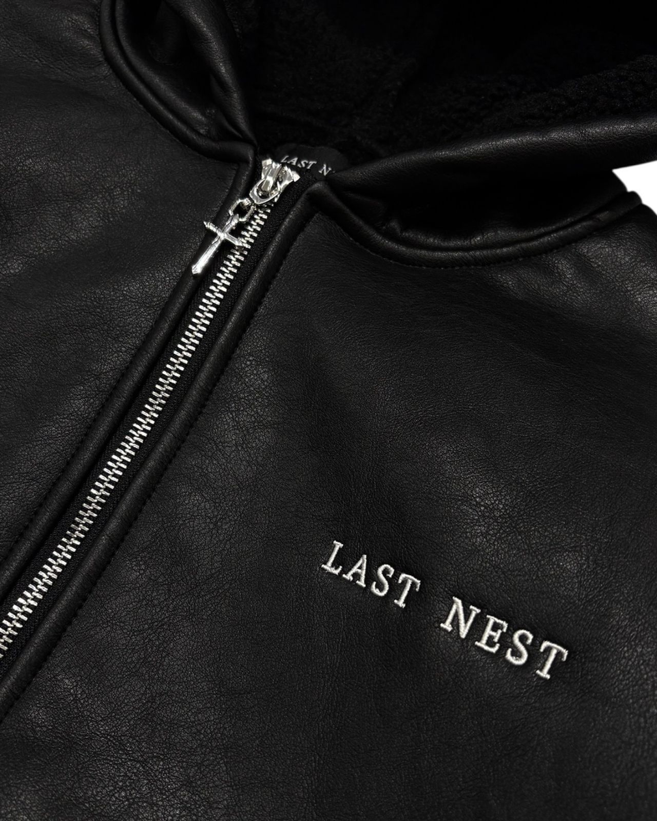 LAST NEST Product Page - Faux Leather Boa Hoodie - Black