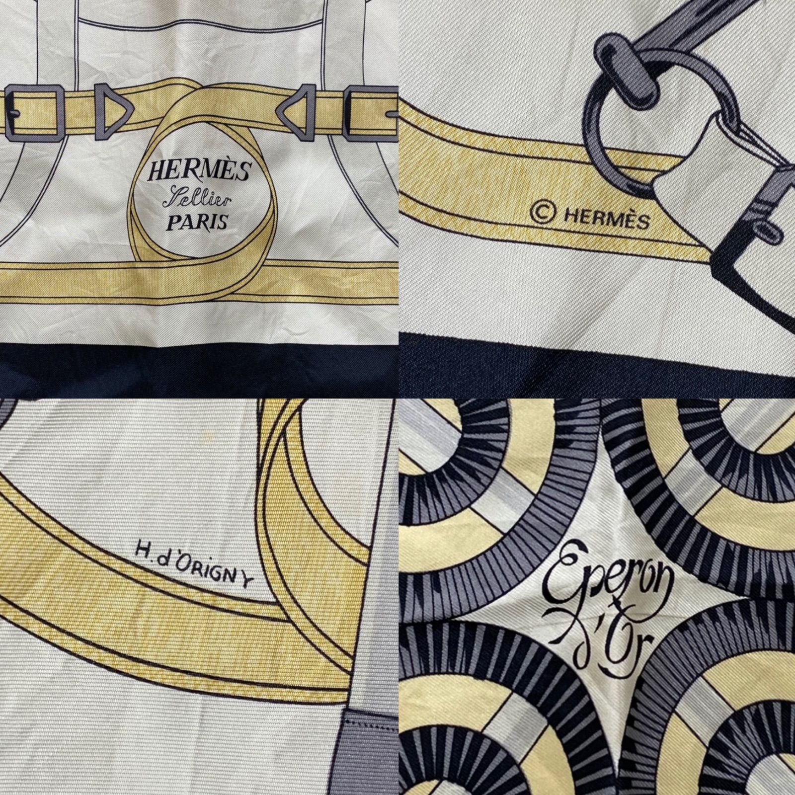 エルメス カレ90 Eperon d'or シルクスカーフ 黄金の拍車 ネイビー