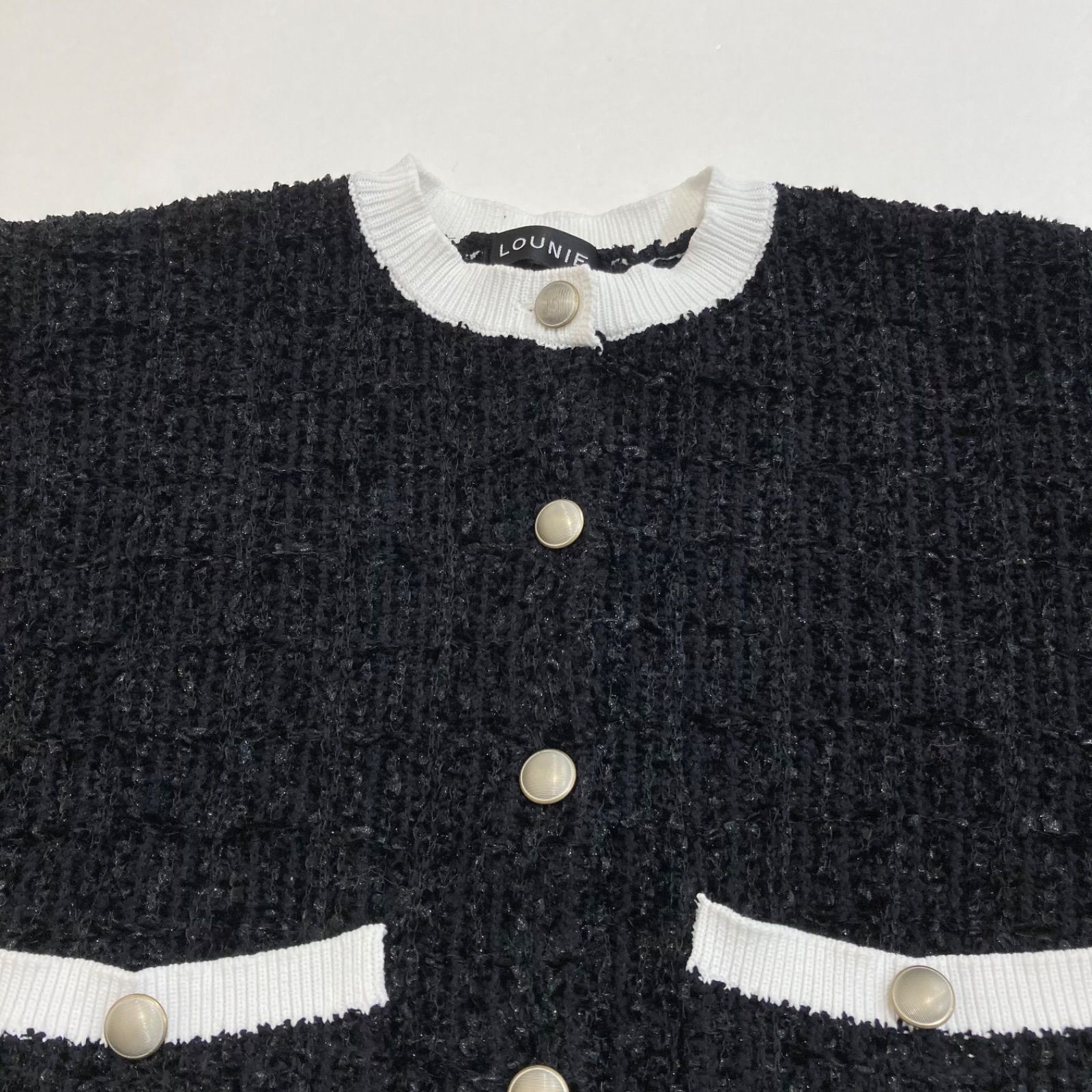 美品 LOUNIE ルーニィ ニットカーディガン 黒×ホワイト サイズ FREE