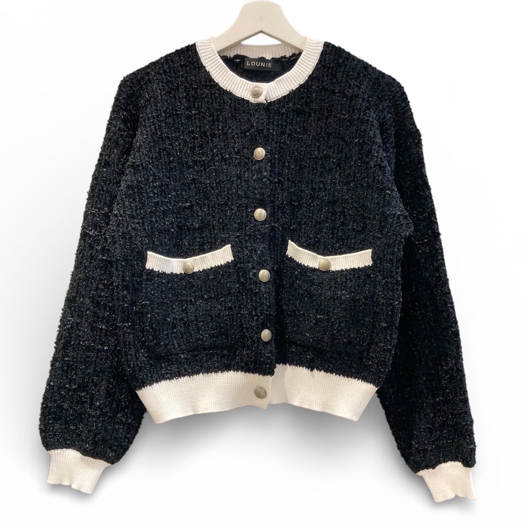 美品 LOUNIE ルーニィ ニットカーディガン 黒×ホワイト サイズ FREE