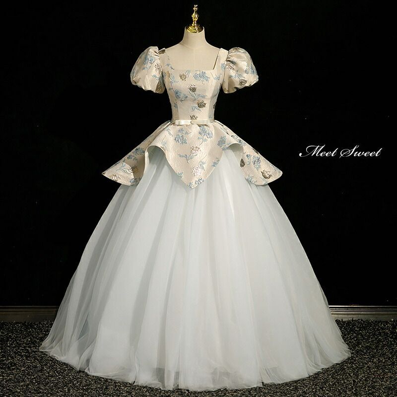 ドレス プリンセスライン シャンパン 花柄 パフスリーブ ロングドレス ウェディングドレス 結婚式 二次会 花嫁 前撮り 演奏会 発表会 ステージ衣装 ウエディングドレス パーティードレス ブライダル