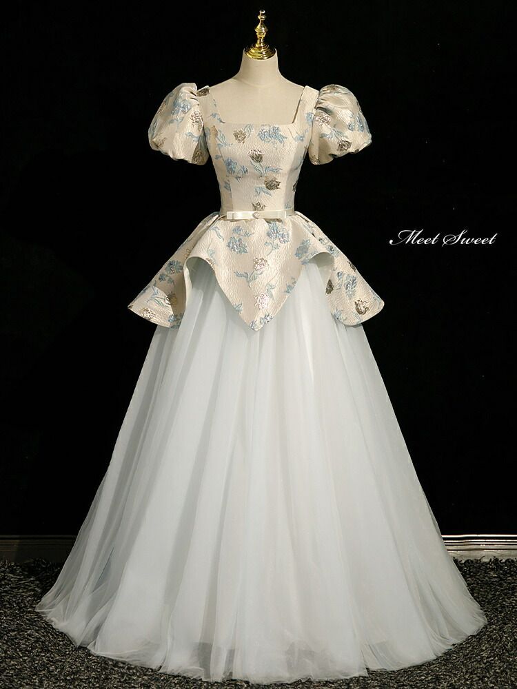 ドレス プリンセスライン シャンパン 花柄 パフスリーブ ロングドレス ウェディングドレス 結婚式 二次会 花嫁 前撮り 演奏会 発表会 ステージ衣装 ウエディングドレス パーティードレス ブライダル