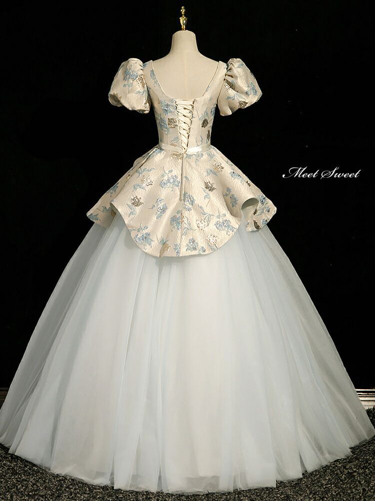  ドレス プリンセスライン シャンパン 花柄 パフスリーブ ロングドレス ウェディングドレス 結婚式 二次会 花嫁 前撮り 演奏会 発表会 ステージ衣装 ウエディングドレス パーティードレス ブライダル パーティードレス ドレス ブライダル