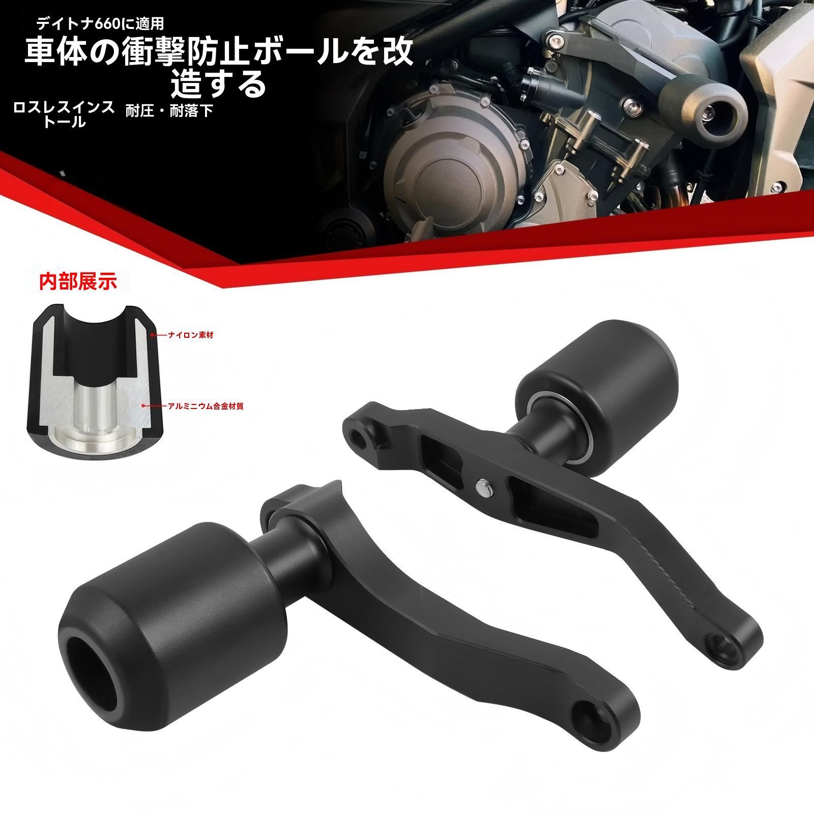 トライアンフ デイトナ660 Daytona 660 2025〜2025 スライダー 防倒ボール 防倒パッド 転倒対策 車体 エンジン周り保護 設計 無加工取付 抗圧 しっかり固定 黒