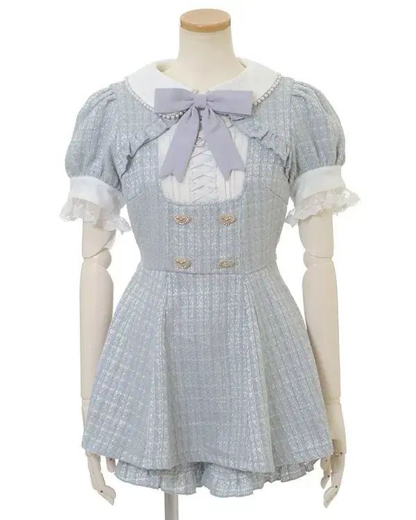 リズリサ ダブル ハート ツイード セットアップ ブルー ミズイロ 半袖 量産型