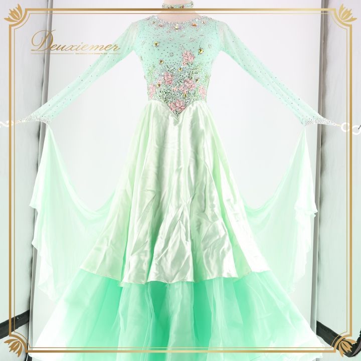 社交ダンス 衣装 スタンダードドレス ワンピース ドレス 緑 ミント