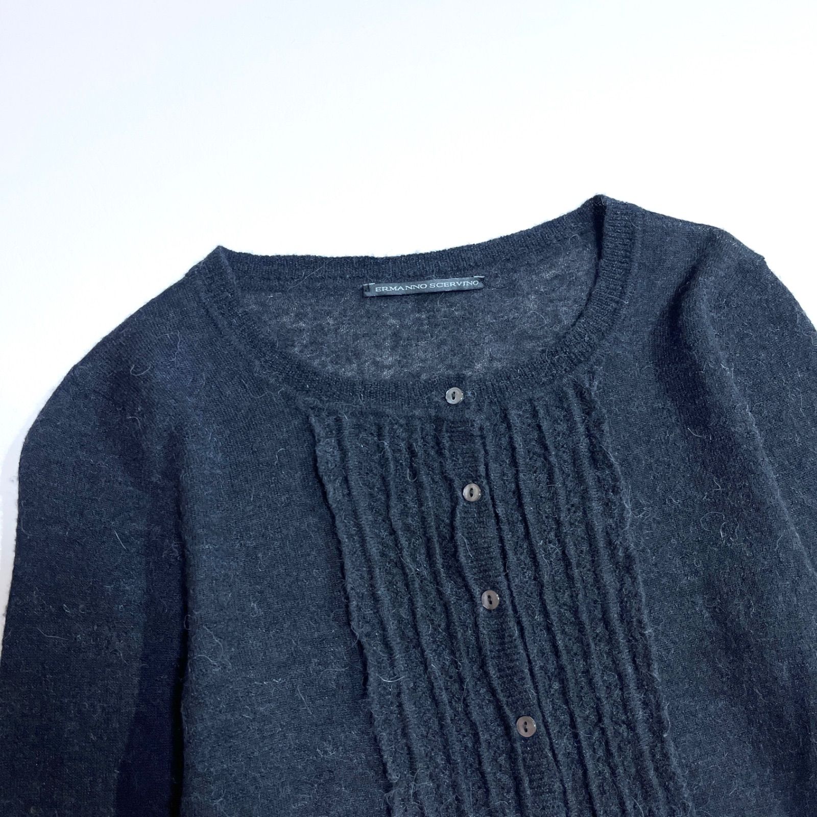 cZ 51 ERMANNO SCERVINO アルパカ 薄手 刺繍 カーディガン ニット セーター 透かし編み フリル ピンタック デザイン 長袖 ウール 毛 ダークグレー エルマンノシェルヴィーノ