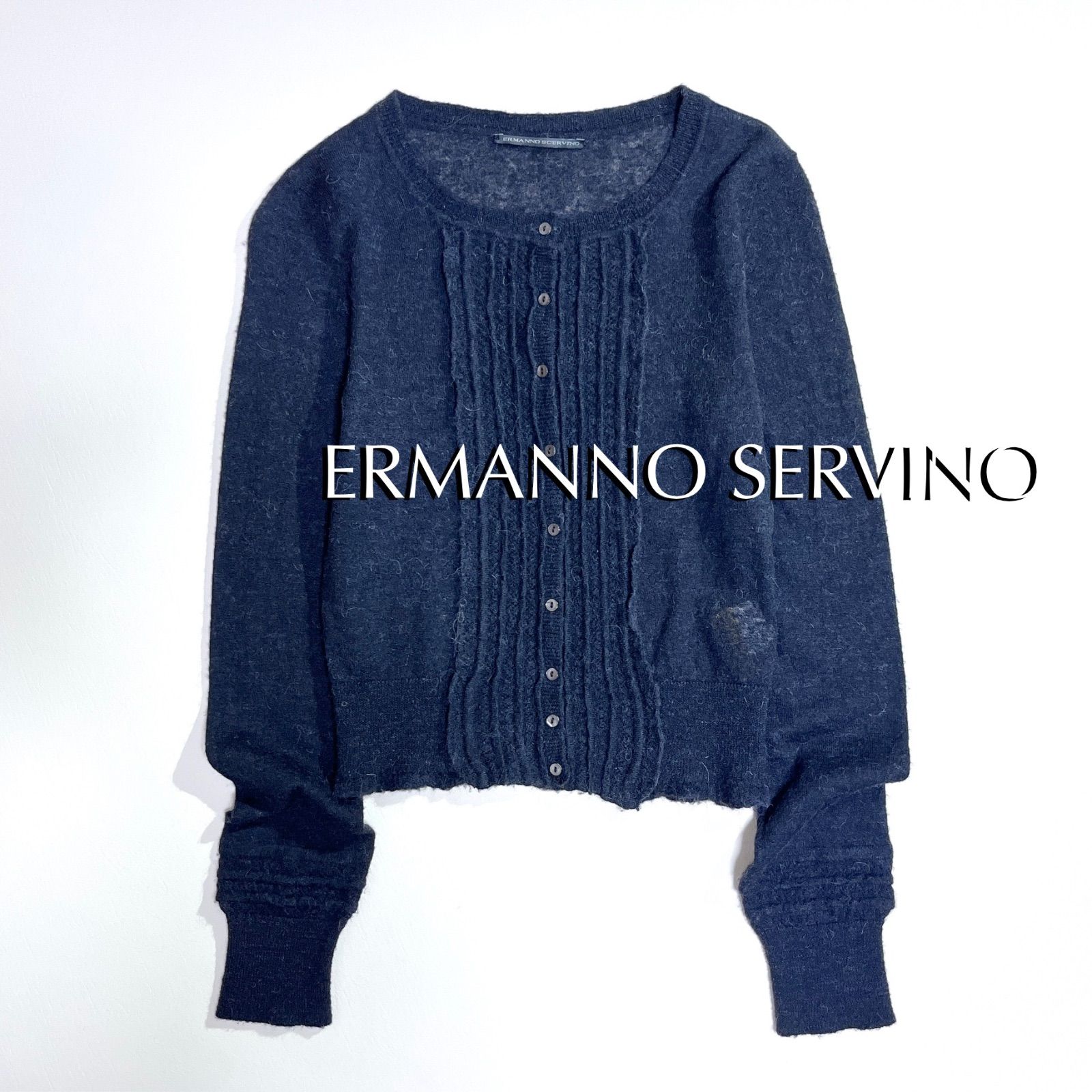 cZ 51 ERMANNO SCERVINO アルパカ 薄手 刺繍 カーディガン ニット セーター 透かし編み フリル ピンタック デザイン 長袖 ウール 毛 ダークグレー エルマンノシェルヴィーノ