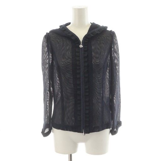 エムズグレイシー M S GRACY カーディガン ジップアップ フード フリル メッシュ 麻 リネン混 38 紺 ネイビー FS-114303 AN 78