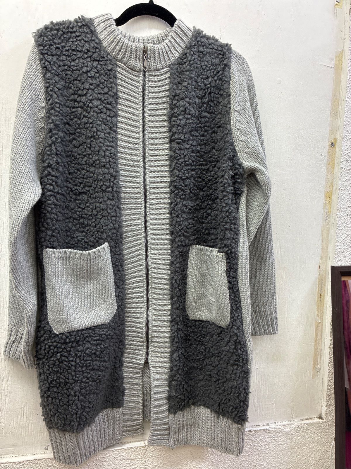 韓国ファッション ボア 暖かい カーディガン ロング グレー コート