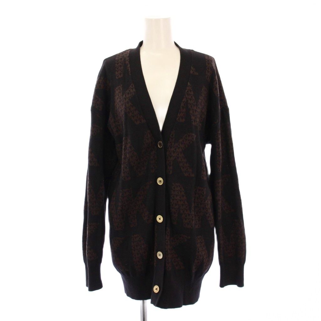 マイケルマイケルコース Michael kors ニットカーディガン 長袖 Vネック ロゴ 総柄 バイ ストレッチ S 茶 ブラウン 黒 ブラック BB