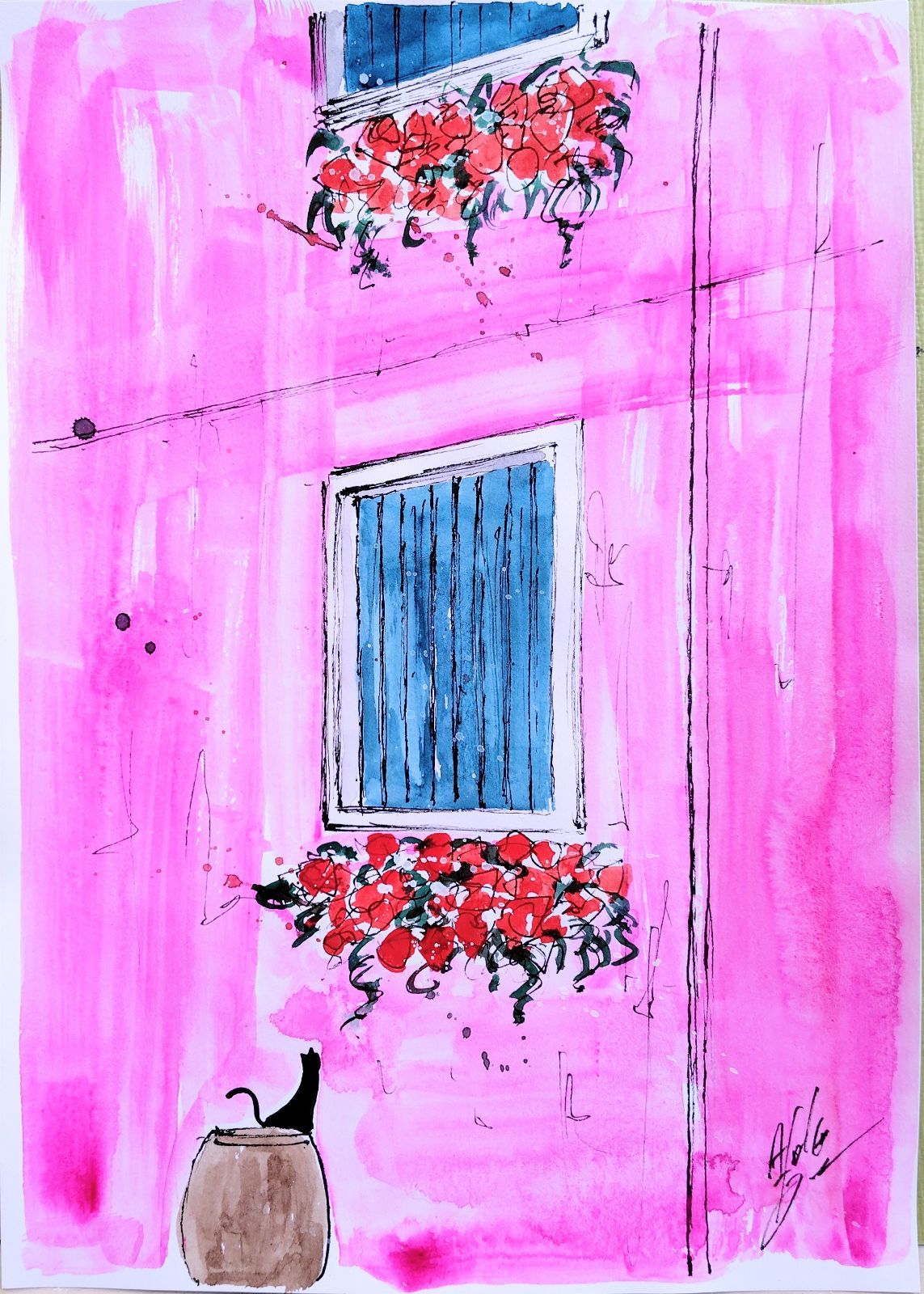 原画#81 黒猫 ベネチア イタリア 花 水彩画 ドローイング インテリア