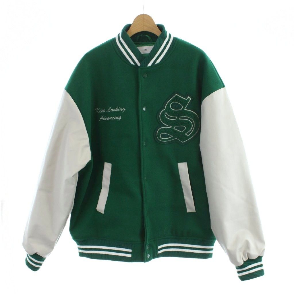 ジャケット M 緑/白 イルズ ILL'S サガラワッペン刺繍 ビッグシルエットスタジャン ウール