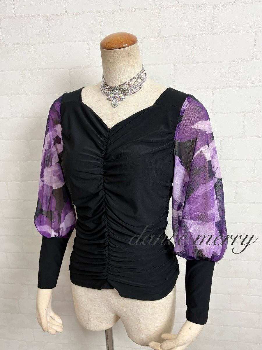 新品 社交ダンス バルーン袖 長袖 トップス 黒 紫 パーティ 2214