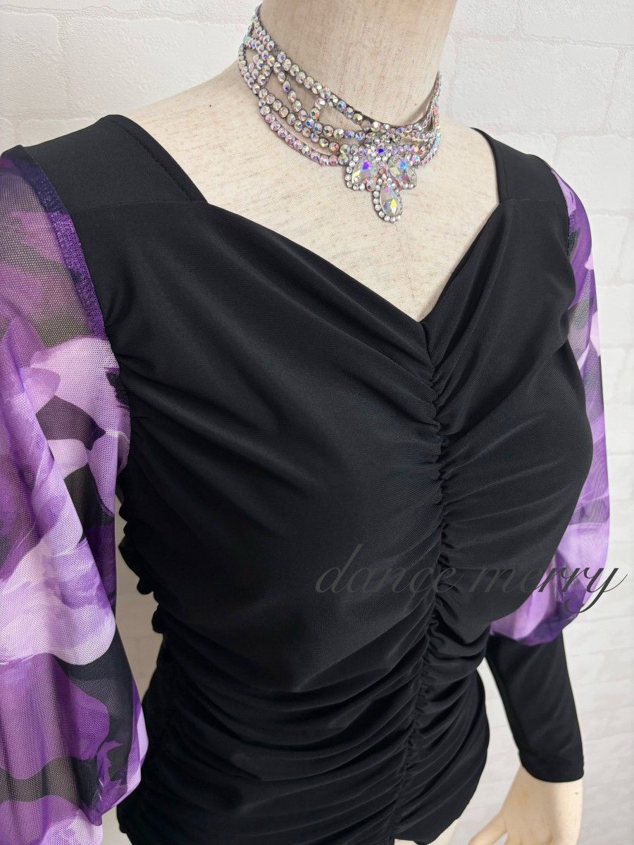 新品 社交ダンス バルーン袖 長袖 トップス 黒 紫 パーティ 2214