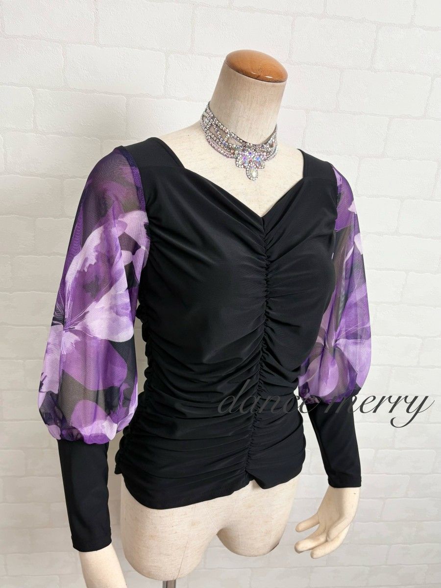 新品 社交ダンス バルーン袖 長袖 トップス 黒 紫 パーティ 2214