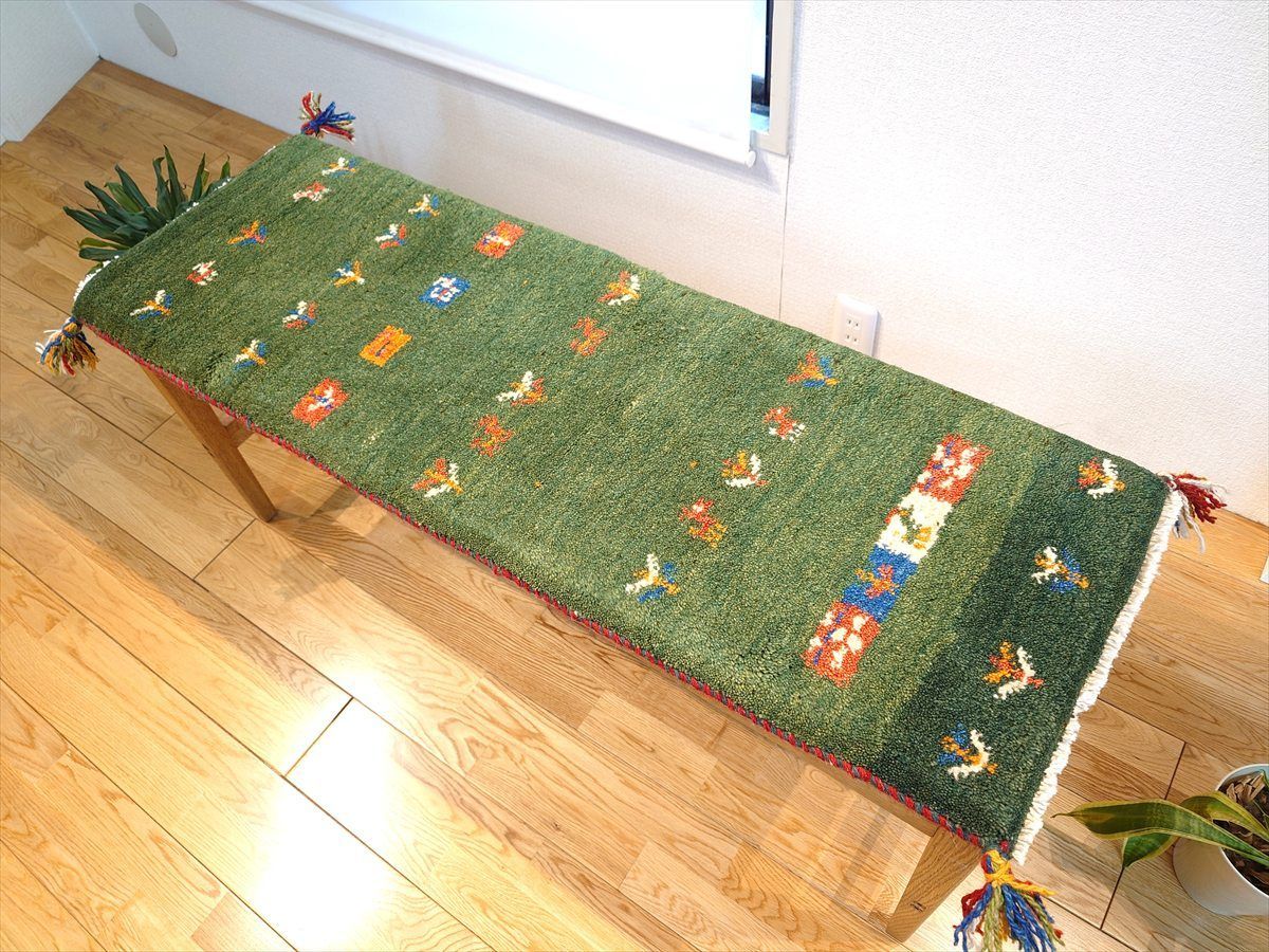 2025，最新作 ペルシャ ギャッベ ミニランナー ラグ 115x40cm 緑色