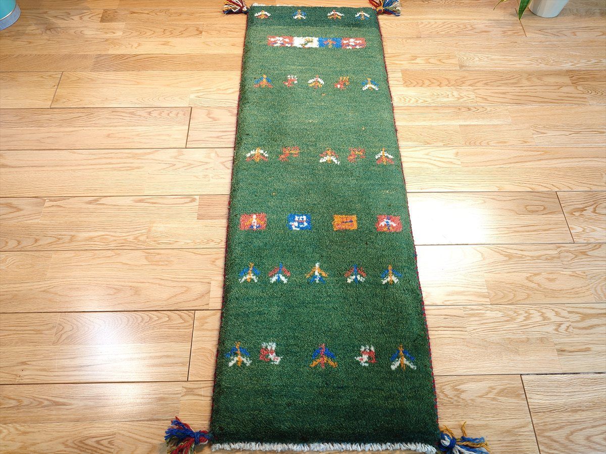 2025，最新作 ペルシャ ギャッベ ミニランナー ラグ 115x40cm 緑色