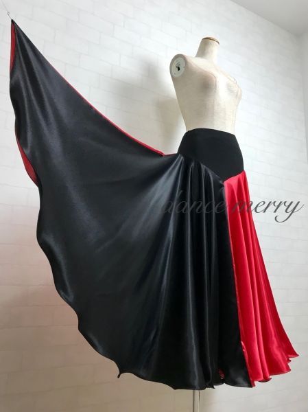 逆 新品 フレアー最大 サテン パソドブレ スカート 社交ダンス 赤 黒