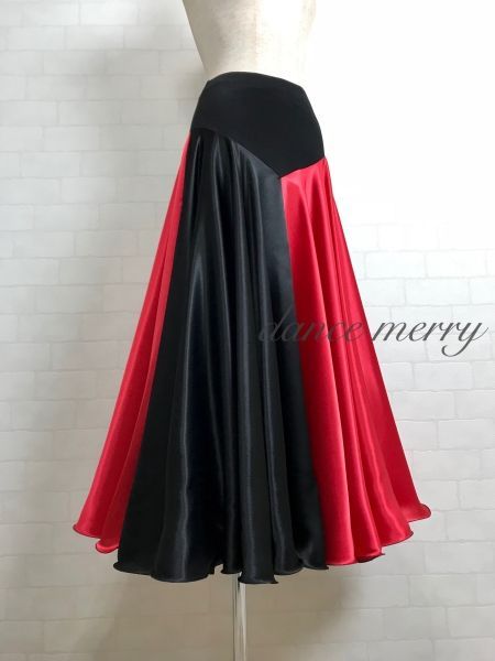 逆 新品 フレアー最大 サテン パソドブレ スカート 社交ダンス 赤 黒