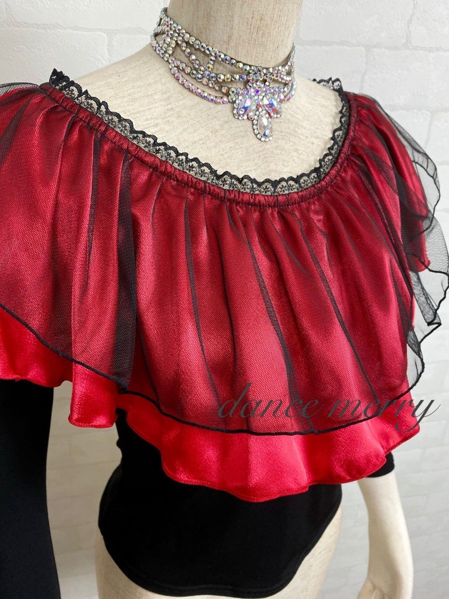 新品 社交ダンス トップス 黒 赤 サテン パーティ タンゴ 2922 ラテン